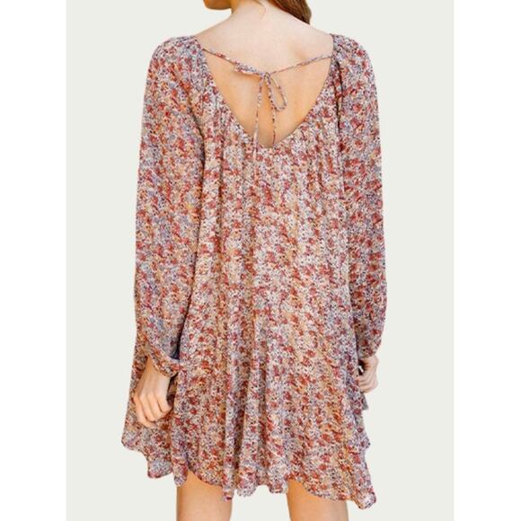 Storia Women's Georgette Boho Ditsy Floral Mini Dress Medium Brown Taupe - Picture 8 of 15